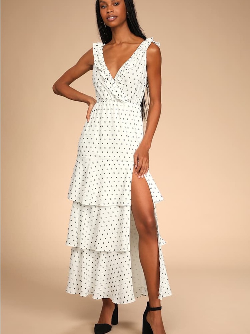 Lulu's Truly Classic White Dotted Ruffled Tiered Midi Dress